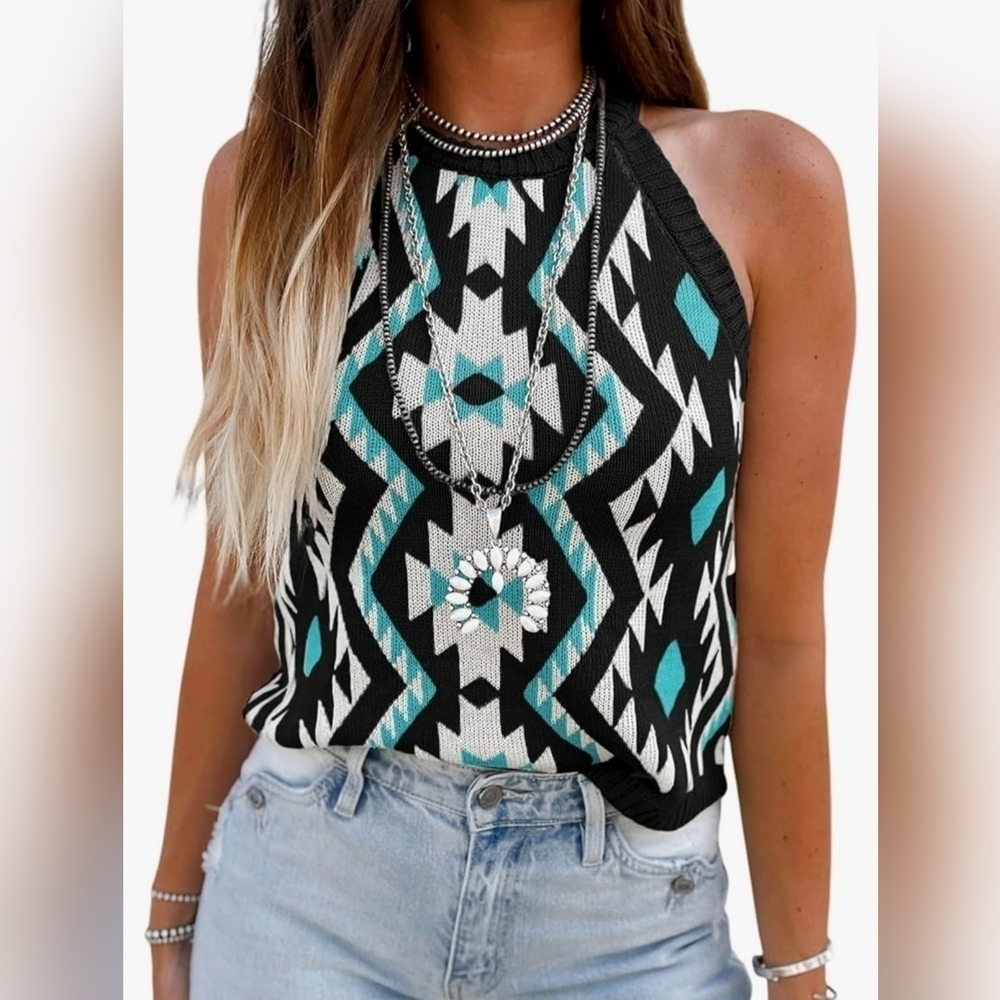 Aztec Geometric Print Knitted Tank Top Sweater Black Teal White